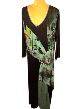 Parsley & Sage Patchwork Dress Asymmetrical Hem Teal Boho Artsy Small